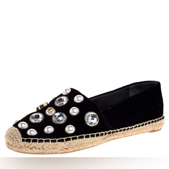 Tory Burch Black Velvet Crystal Embellished Vail Espadrille Flat - Picture 1 of 6